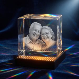 A clear crystal cube with your photo engraved inside it in 3D