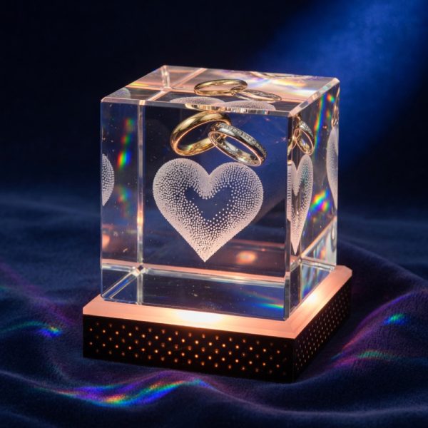 A crystal cube with an engraved heart and two wedding rings inside