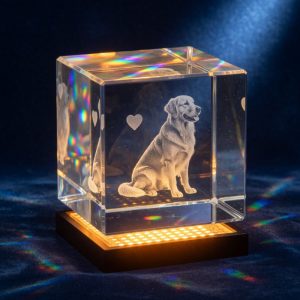 A crystal cube with a golden retriever engraved inside and a small heart