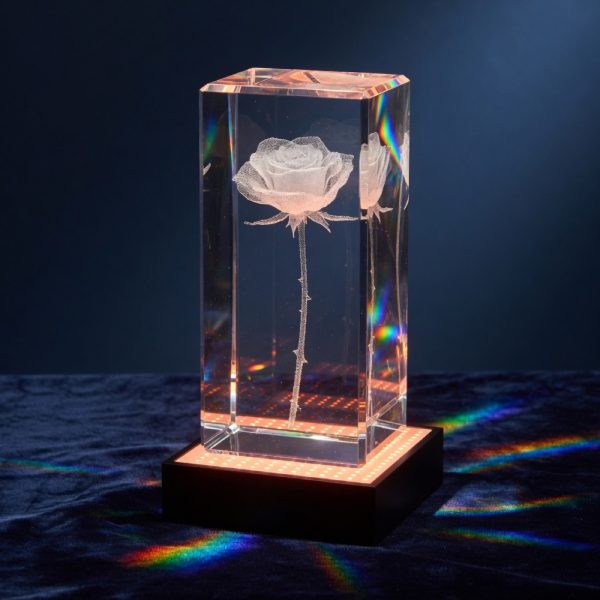 A tall crystal block with a long stemmed rose engraved inside
