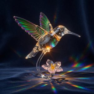 A clear glass hummingbird with green and violet wings over a glass flower