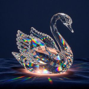 A clear faceted crystal swan with raised wings