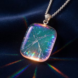 A dichroic glass pendant shifting from teal to violet on a silver chain