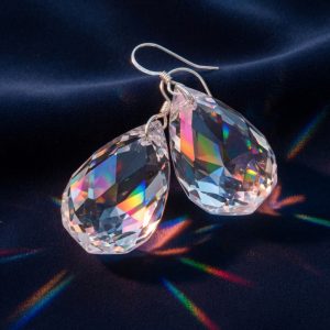 A pair of clear faceted crystal teardrop earrings on silver hooks