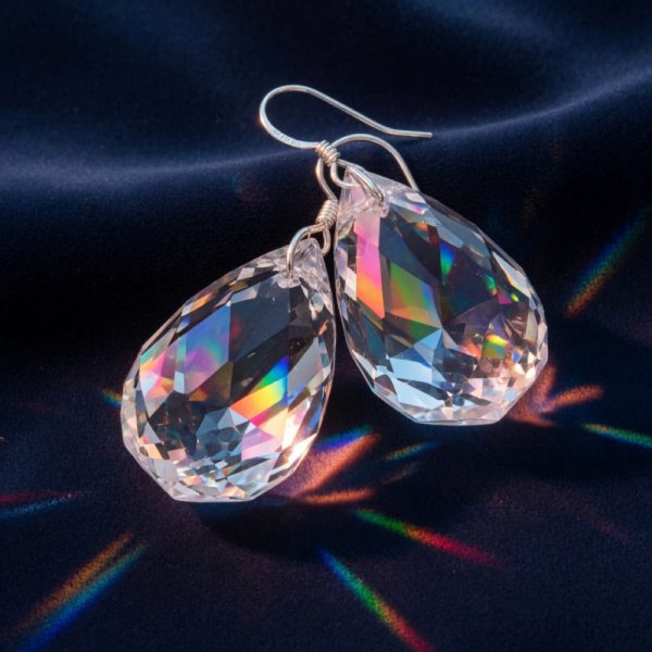 A pair of clear faceted crystal teardrop earrings on silver hooks