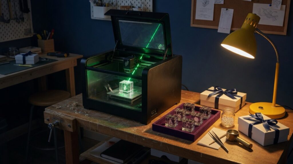 A laser engraver at work on a crystal cube on a wooden bench, beside finished cubes and white gift boxes